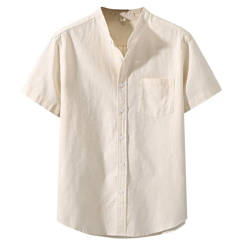Men Linen Short Sleeve Shirt Loose Fit Cream - Image 12