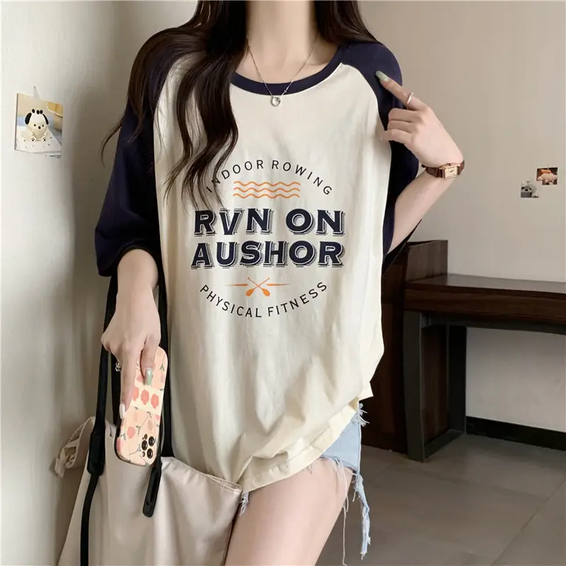 Women's Summer Loose Fit Cotton T-Shirt Contrast Color - Image 4