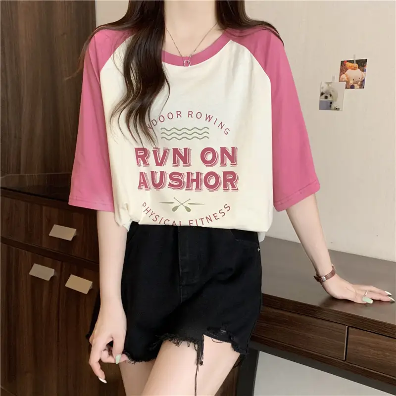Women's Summer Loose Fit Cotton T-Shirt Contrast Color — feature 5