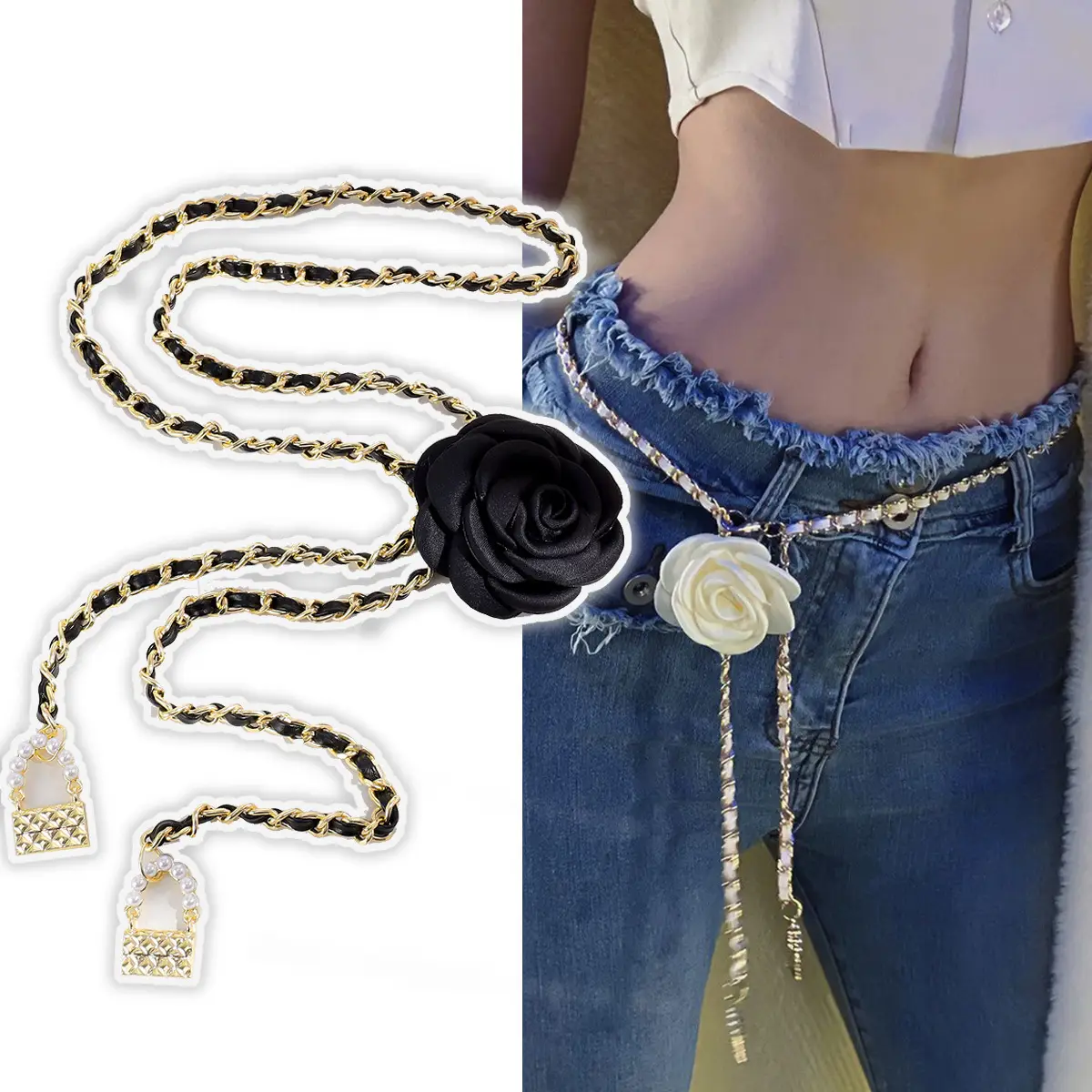 Pearl Waist Chain with Black & White Rose Flower - Image 7