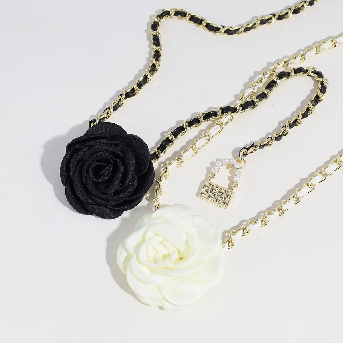 Pearl Waist Chain with Black & White Rose Flower β feature 10