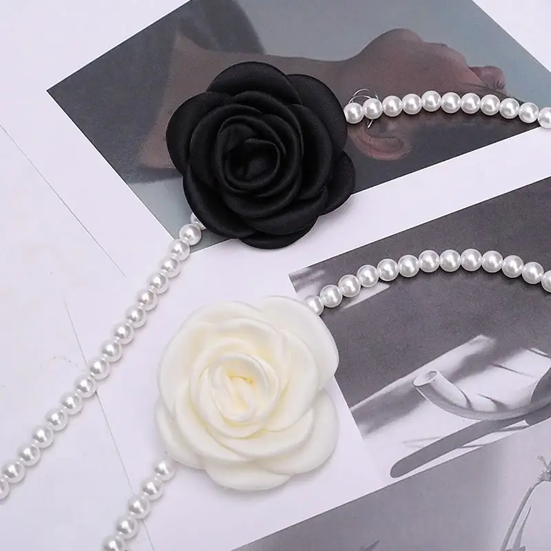 Pearl Waist Chain with Black & White Rose Flower β feature 11