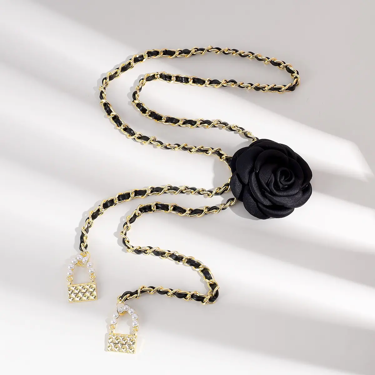 Pearl Waist Chain with Black & White Rose Flower β feature 14
