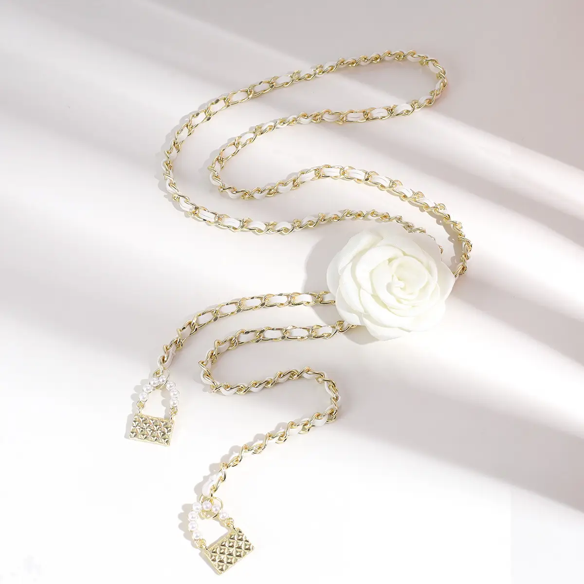 Pearl Waist Chain with Black & White Rose Flower β feature 15