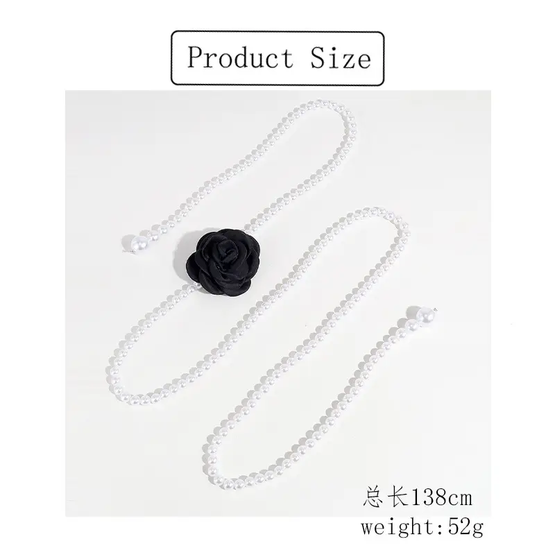 Pearl Waist Chain with Black & White Rose Flower β feature 2