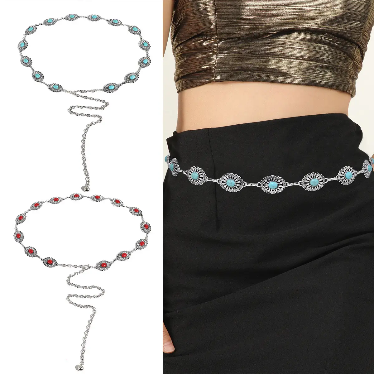 Pearl Waist Chain with Black & White Rose Flower β feature 6