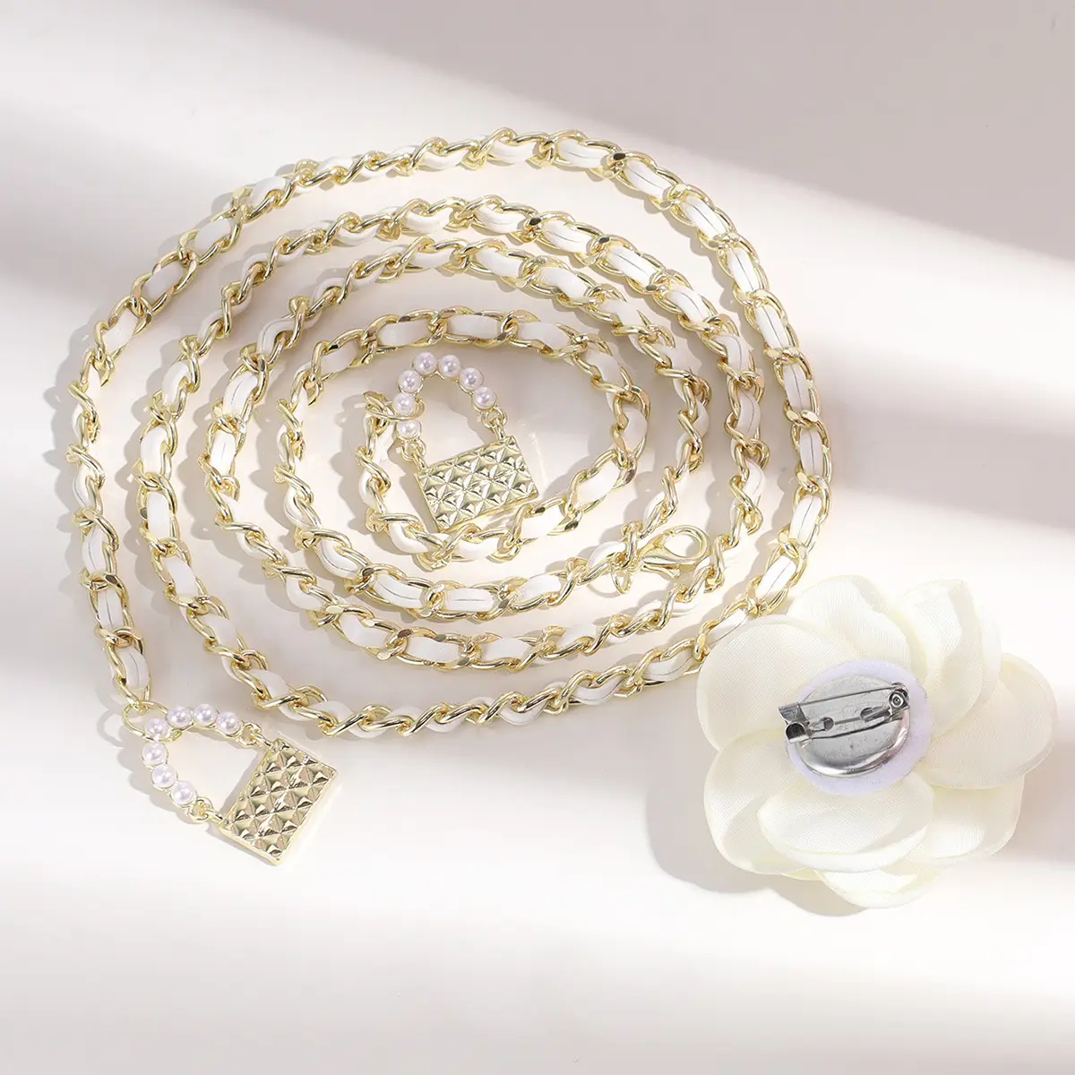 Pearl Waist Chain with Black & White Rose Flower β feature 9