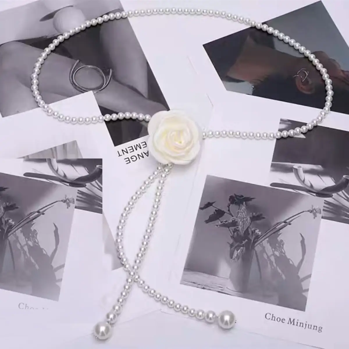 Pearl Waist Chain with Black & White Rose Flower