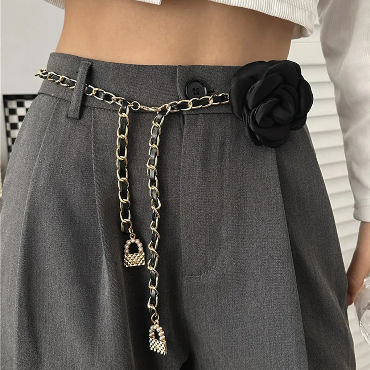 Pearl Waist Chain with Black & White Rose Flower - Image 3