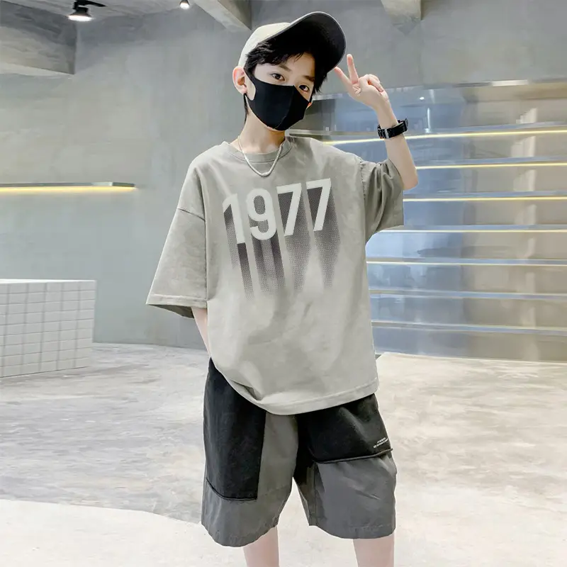 Kids 1977 Letter T-Shirt Grey Cotton Shorts Set - Image 4