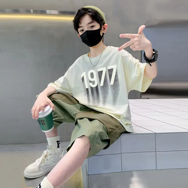 Kids 1977 Letter T-Shirt Grey Cotton Shorts Set - Image 5