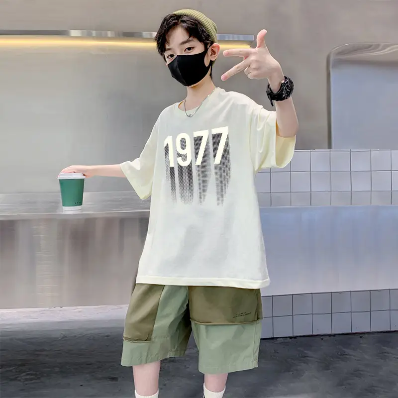 Kids 1977 Letter T-Shirt Grey Cotton Shorts Set - Image 6