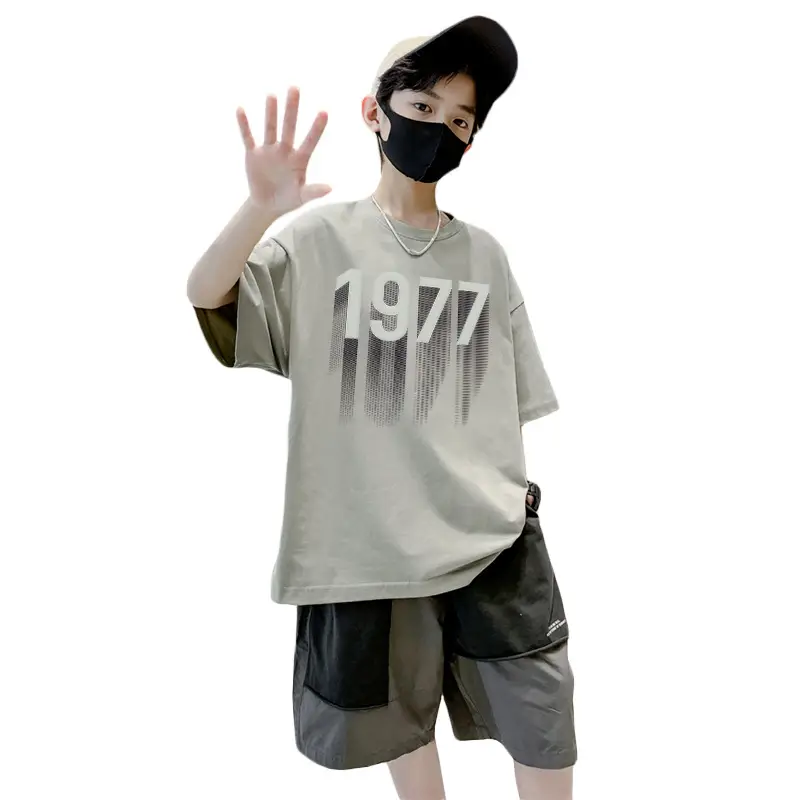 Kids 1977 Letter T-Shirt Grey Cotton Shorts Set - Image 7