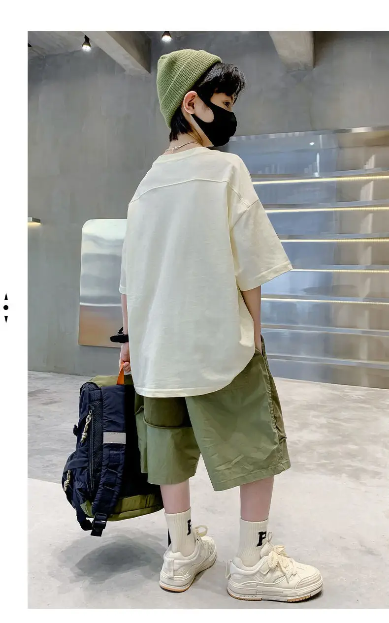 Kids 1977 Letter T-Shirt Grey Cotton Shorts Set — feature 10