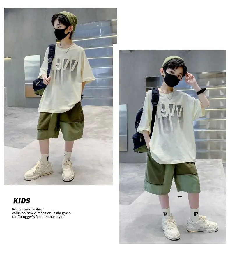 Kids 1977 Letter T-Shirt Grey Cotton Shorts Set — feature 11