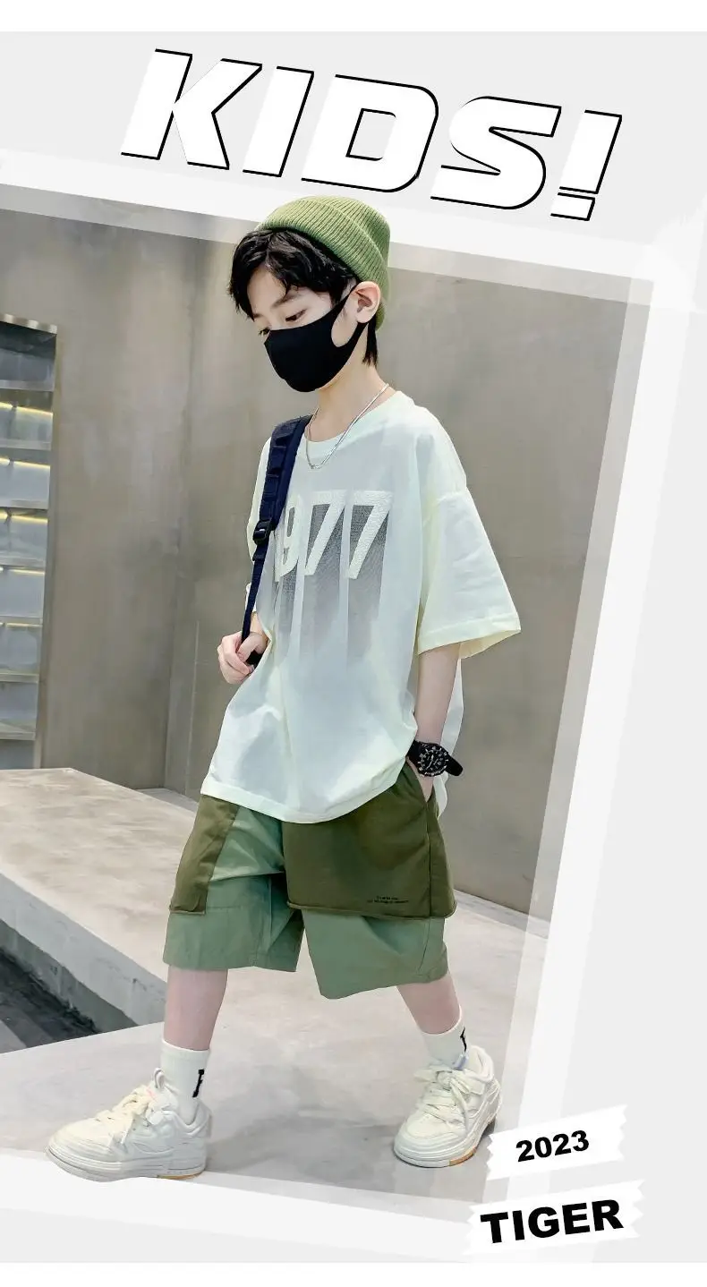 Kids 1977 Letter T-Shirt Grey Cotton Shorts Set — feature 2