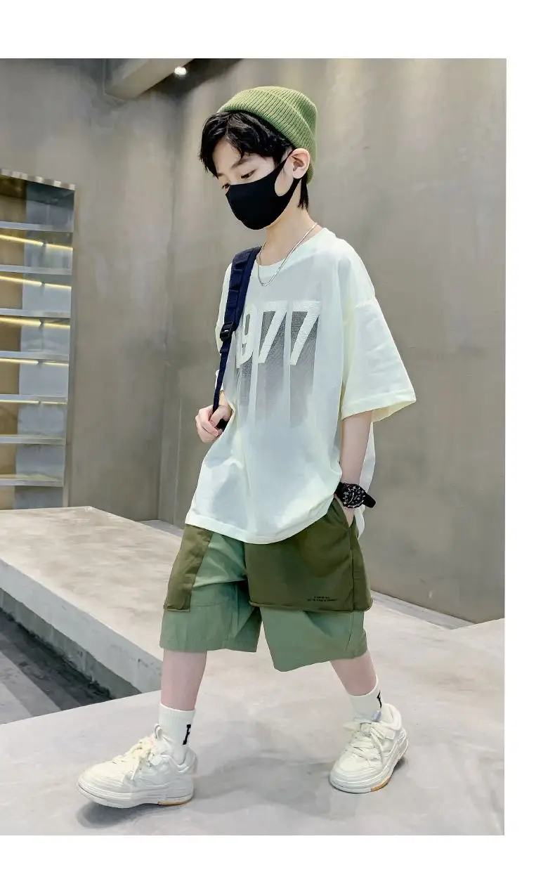 Kids 1977 Letter T-Shirt Grey Cotton Shorts Set — feature 8