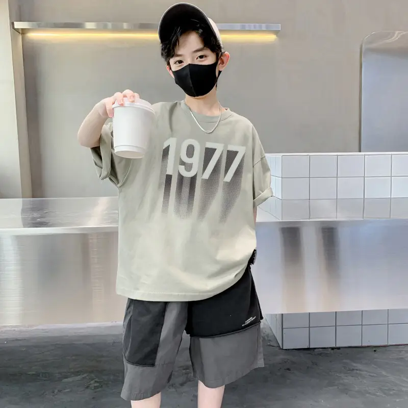 Kids 1977 Letter T-Shirt Grey Cotton Shorts Set - Image 2