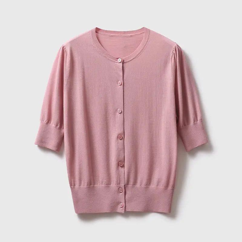 Women Pink Knitted Mid-Sleeve Cardigan