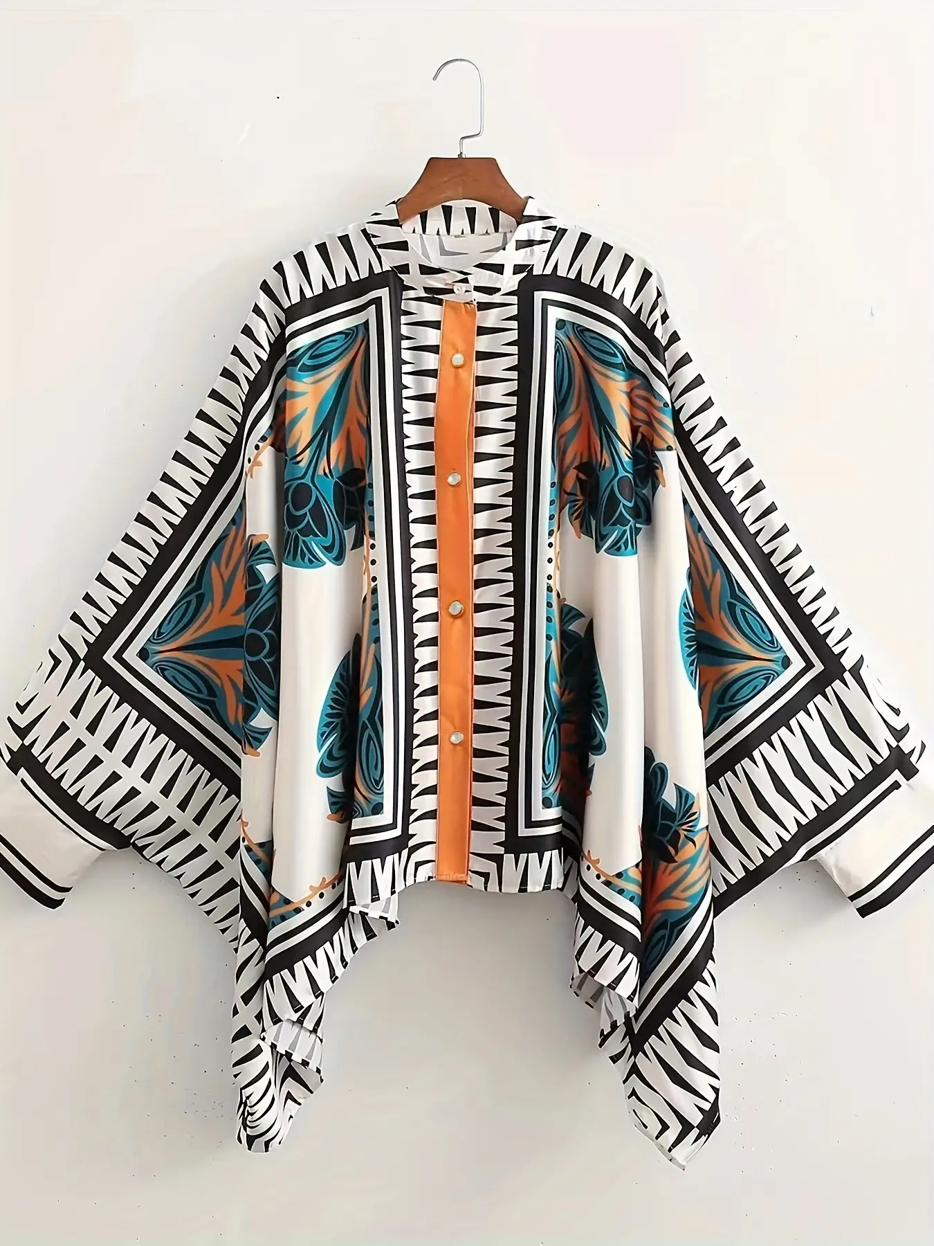 European American Cross-Border Ethnic Print Suit Loose Bat Sleeves Shawl Shirt