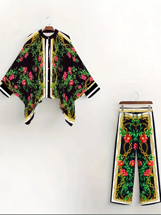 European American Cross-Border Ethnic Print Suit Loose Bat Sleeves Shawl Shirt — feature 10