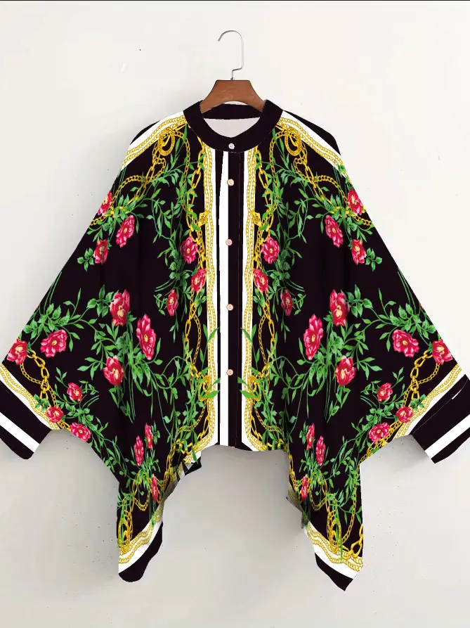 European American Cross-Border Ethnic Print Suit Loose Bat Sleeves Shawl Shirt — feature 12