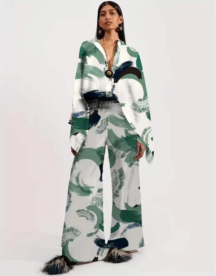 European American Cross-Border Ethnic Print Suit Loose Bat Sleeves Shawl Shirt — feature 13