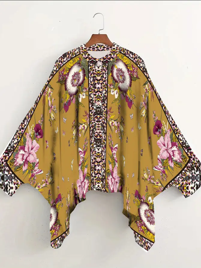 European American Cross-Border Ethnic Print Suit Loose Bat Sleeves Shawl Shirt — feature 22