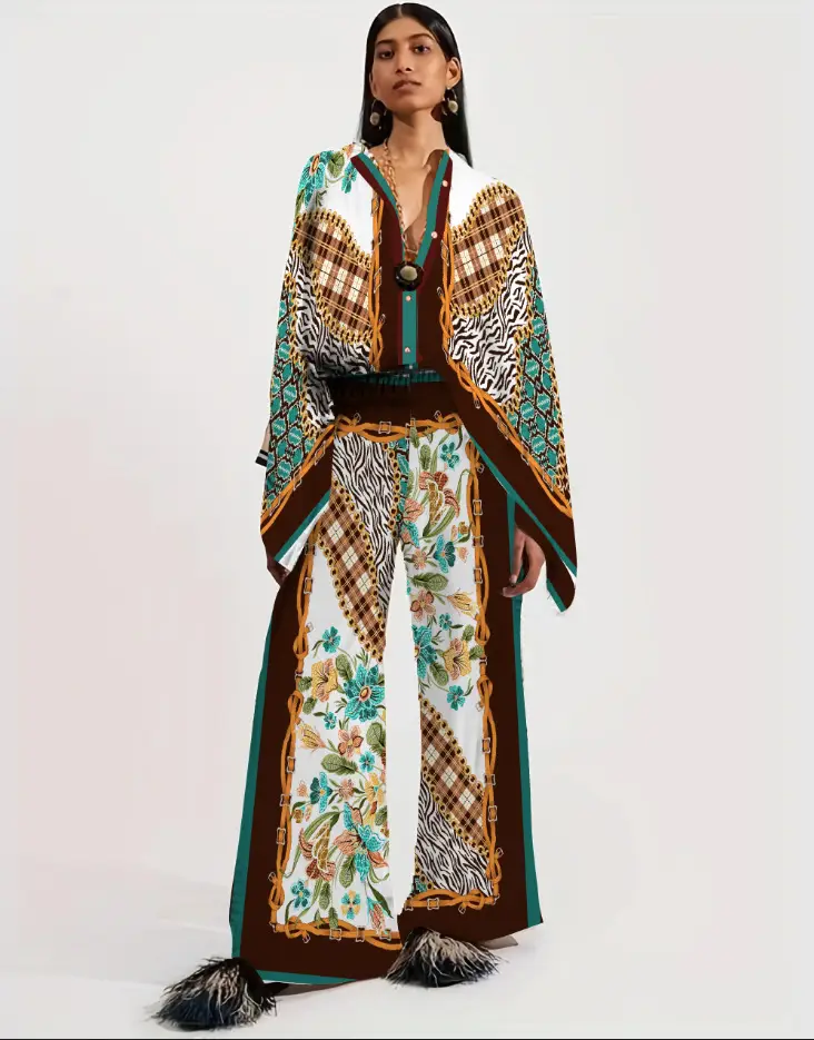 European American Cross-Border Ethnic Print Suit Loose Bat Sleeves Shawl Shirt — feature 23