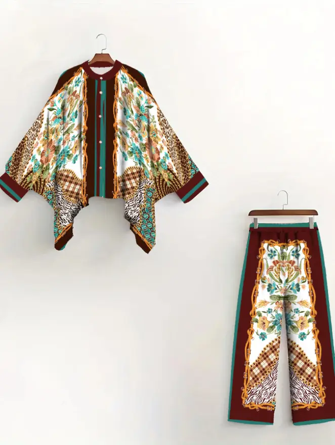 European American Cross-Border Ethnic Print Suit Loose Bat Sleeves Shawl Shirt — feature 24