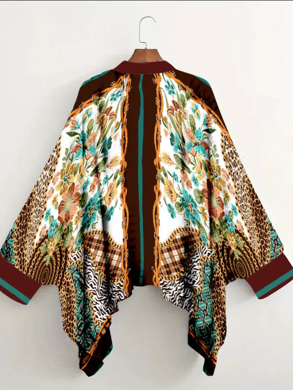 European American Cross-Border Ethnic Print Suit Loose Bat Sleeves Shawl Shirt — feature 25