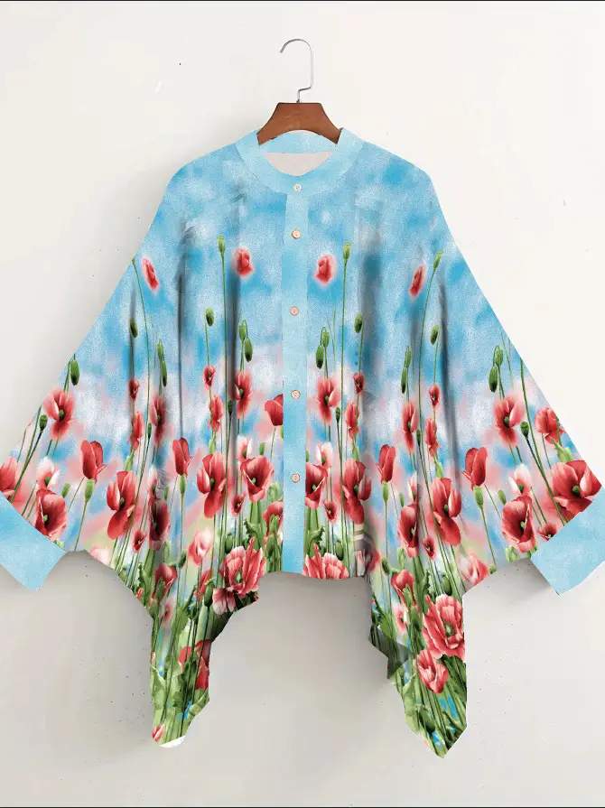 European American Cross-Border Ethnic Print Suit Loose Bat Sleeves Shawl Shirt — feature 29