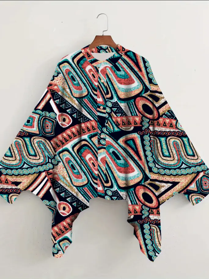 European American Cross-Border Ethnic Print Suit Loose Bat Sleeves Shawl Shirt — feature 39