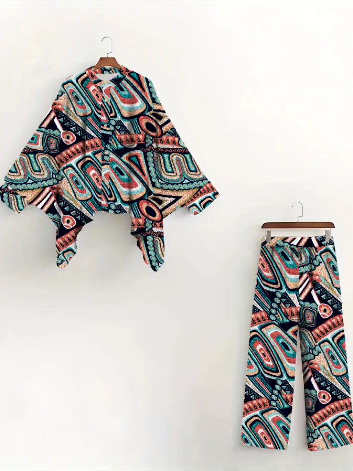 European American Cross-Border Ethnic Print Suit Loose Bat Sleeves Shawl Shirt — feature 40