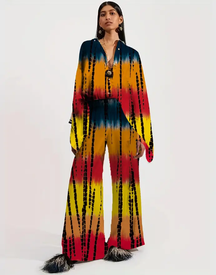 European American Cross-Border Ethnic Print Suit Loose Bat Sleeves Shawl Shirt