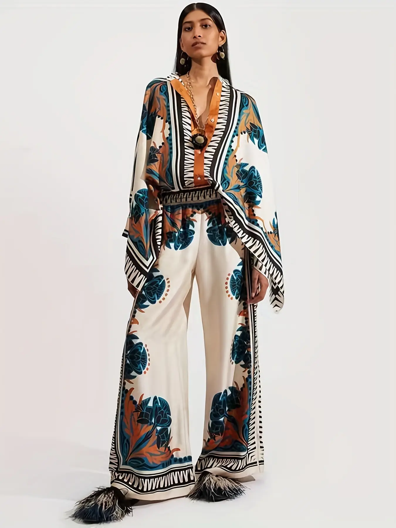 European American Cross-Border Ethnic Print Suit Loose Bat Sleeves Shawl Shirt