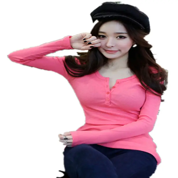 2025 Autumn Button Ribbed Solid Color Long Sleeve T-Shirt for Women Slim Fit Korean New Style Plus Size Top Base Shirt for Outerwear