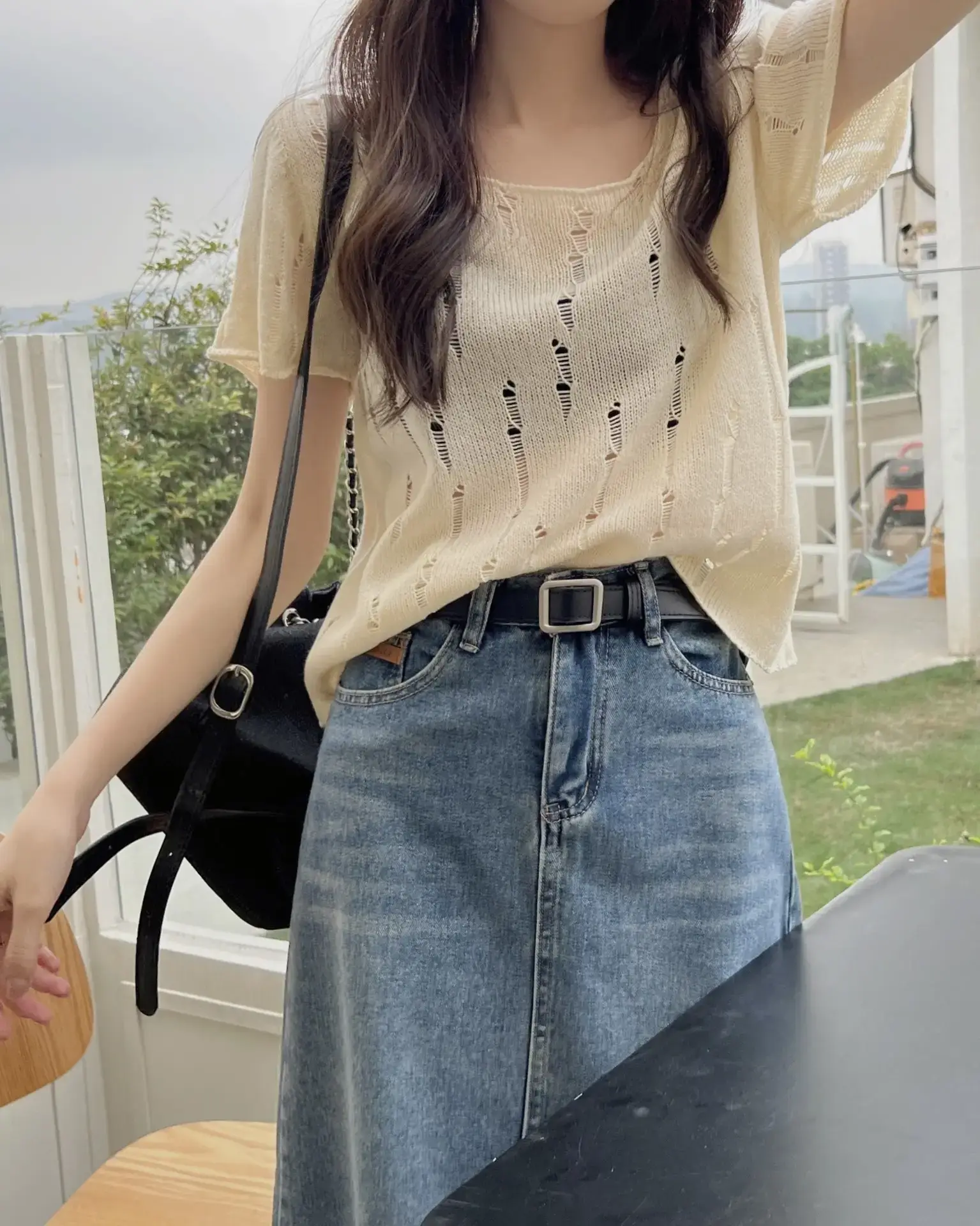 Women 2025 Summer Hollow Out Knitted T-Shirt Short Sleeve - Image 3