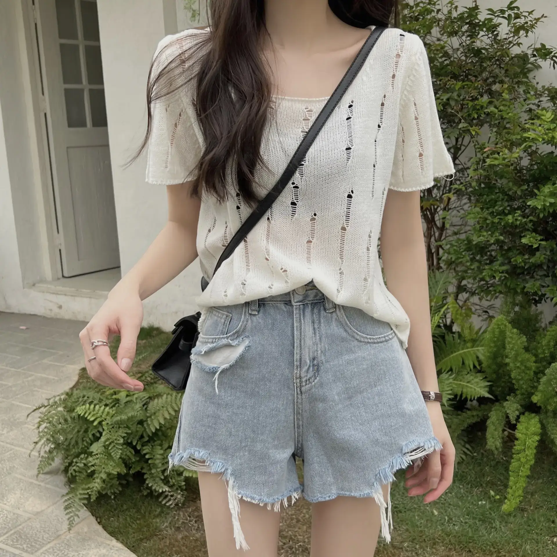 Women 2025 Summer Hollow Out Knitted T-Shirt Short Sleeve - Image 5