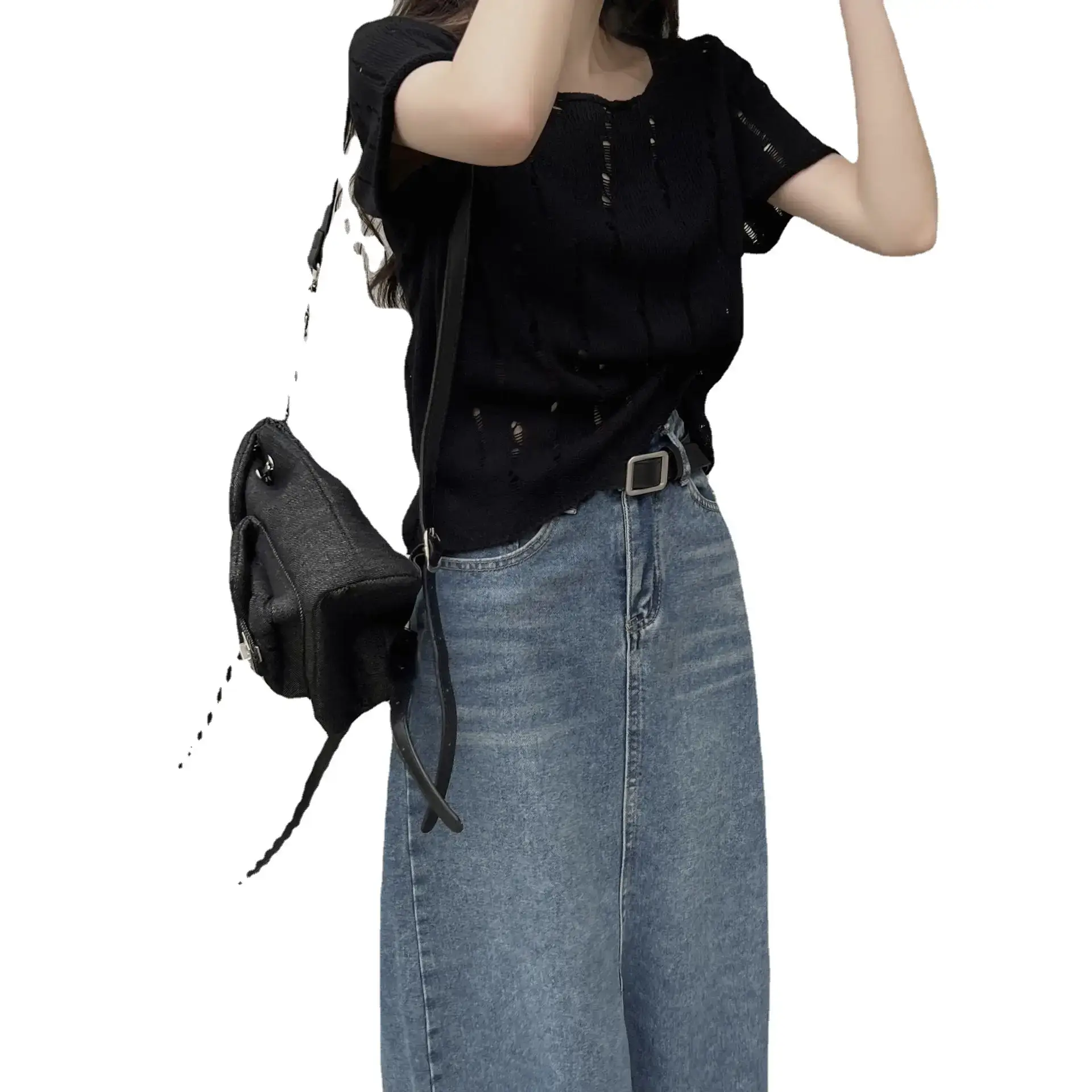 Women 2025 Summer Hollow Out Knitted T-Shirt Short Sleeve - Image 7
