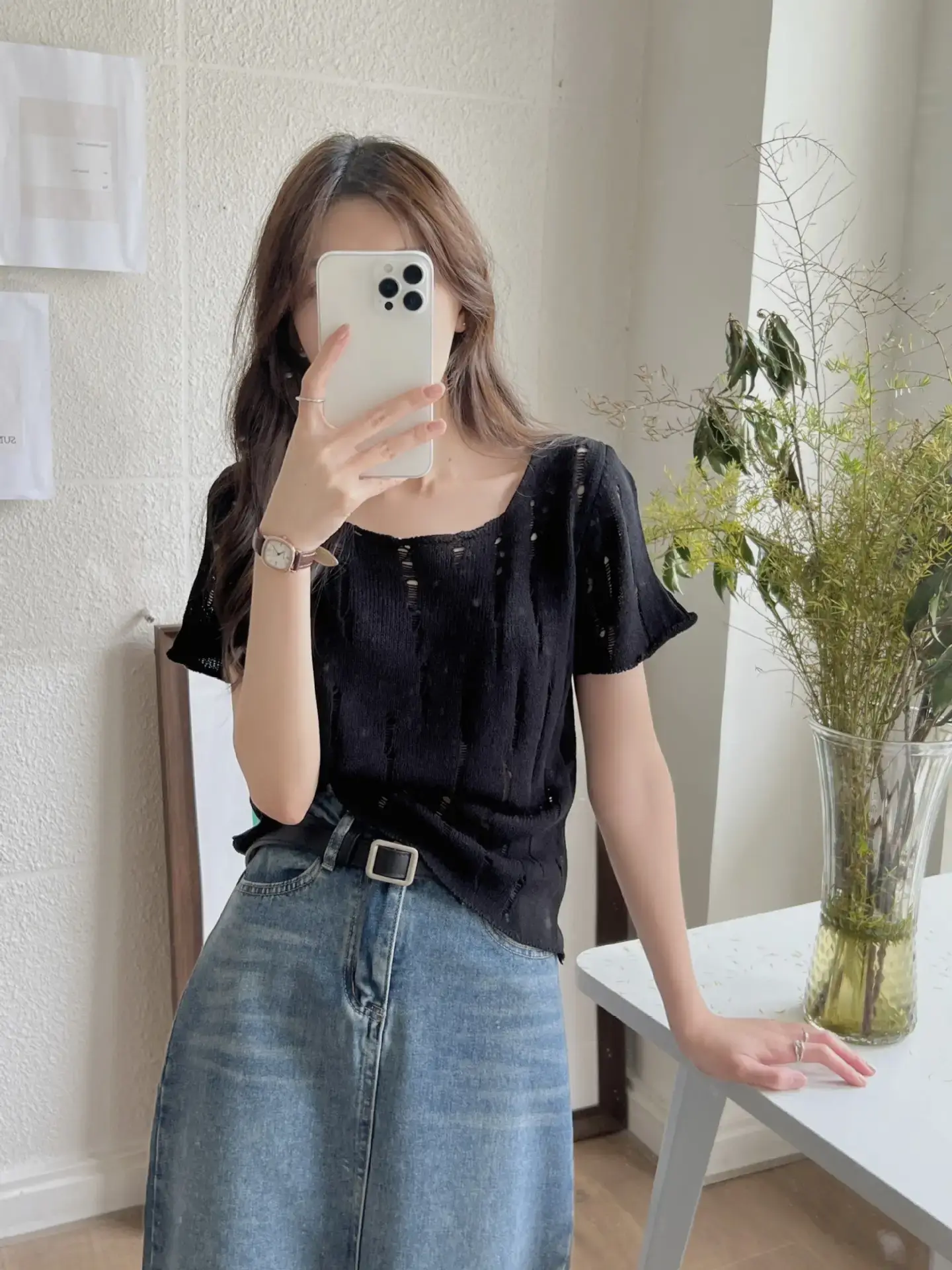 Women 2025 Summer Hollow Out Knitted T-Shirt Short Sleeve — feature 12