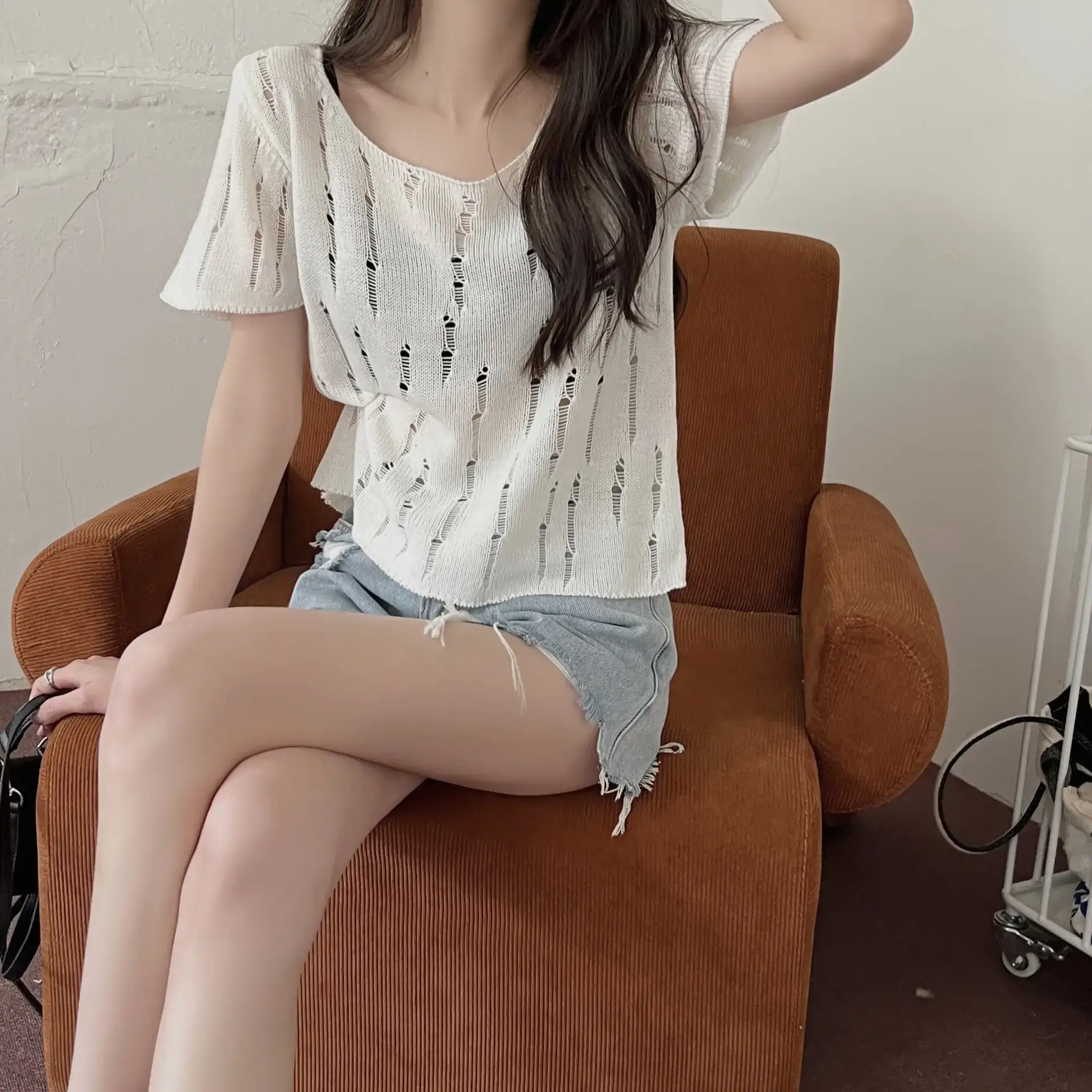 Women 2025 Summer Hollow Out Knitted T-Shirt Short Sleeve — feature 14