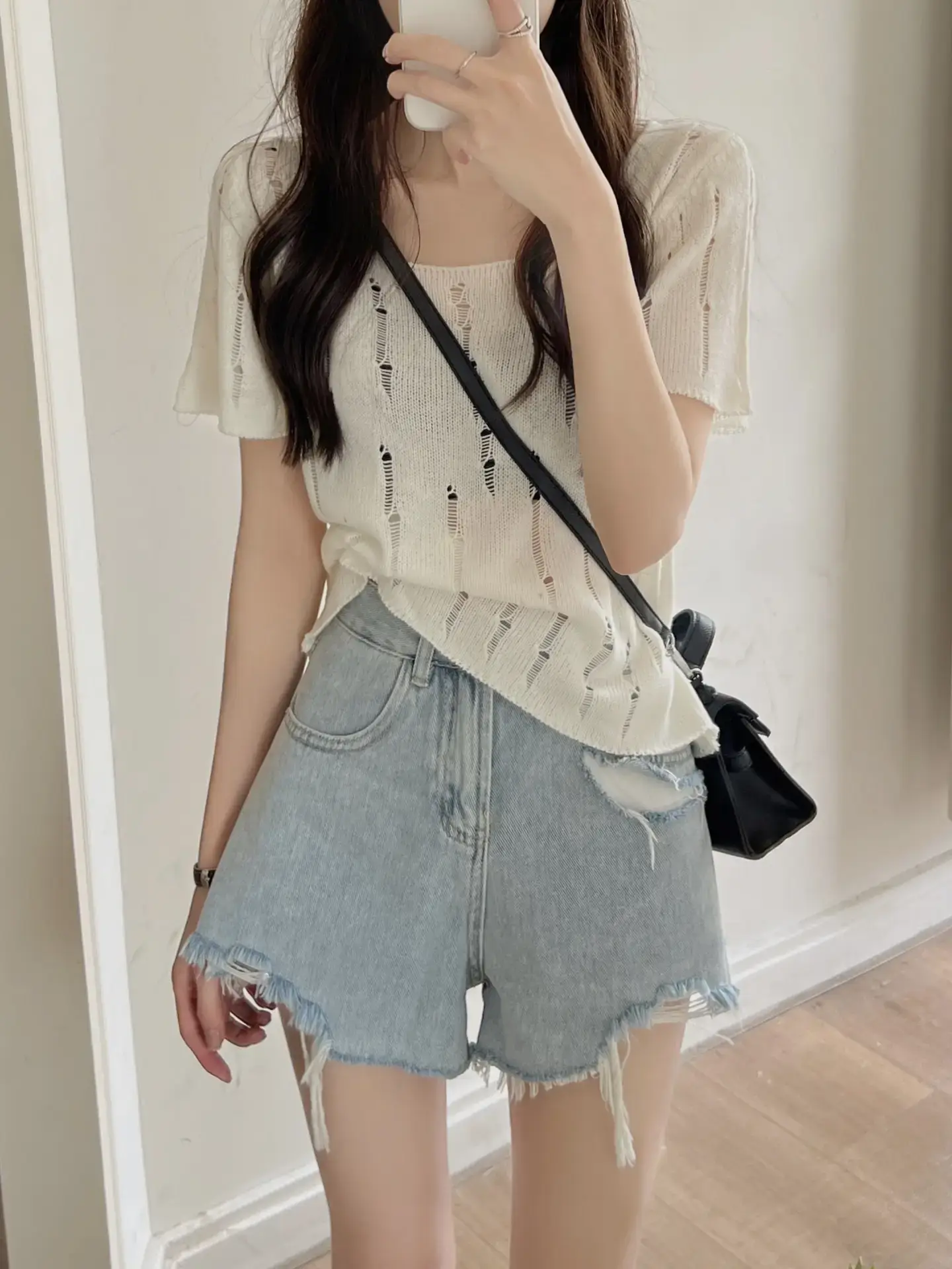 Women 2025 Summer Hollow Out Knitted T-Shirt Short Sleeve — feature 17