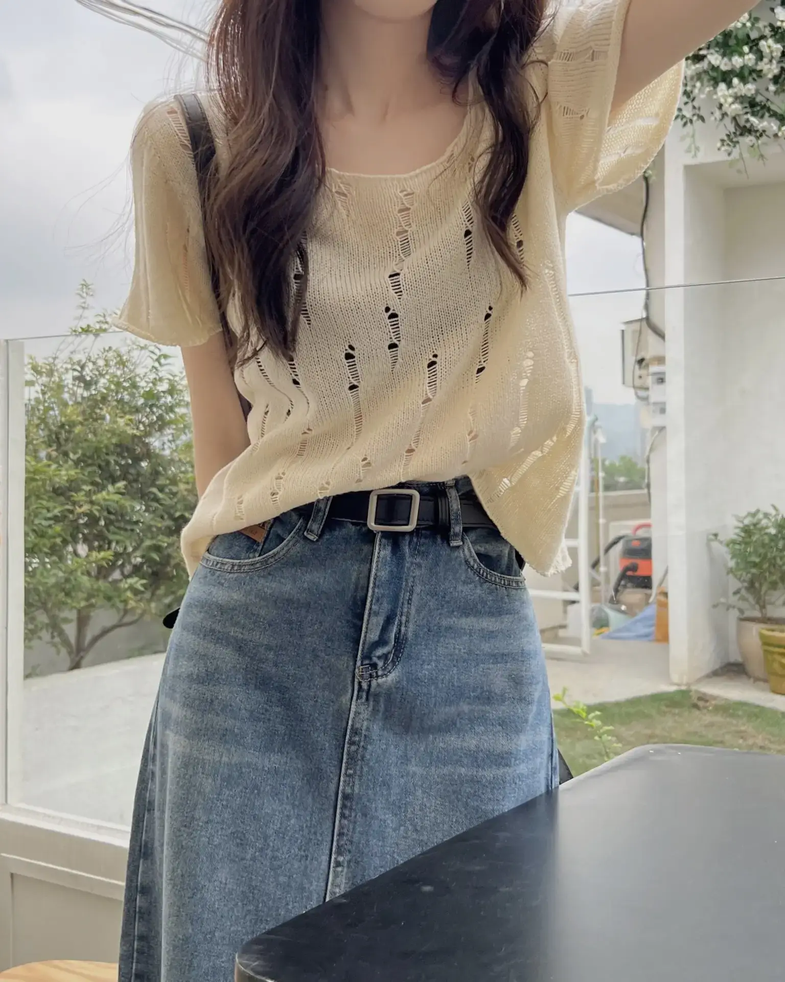 Women 2025 Summer Hollow Out Knitted T-Shirt Short Sleeve — feature 2