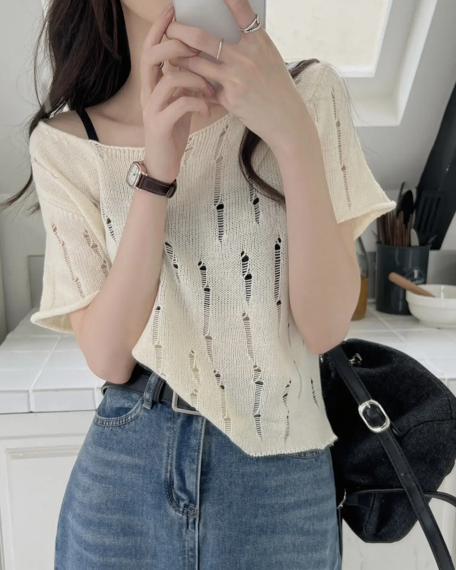 Women 2025 Summer Hollow Out Knitted T-Shirt Short Sleeve — feature 6