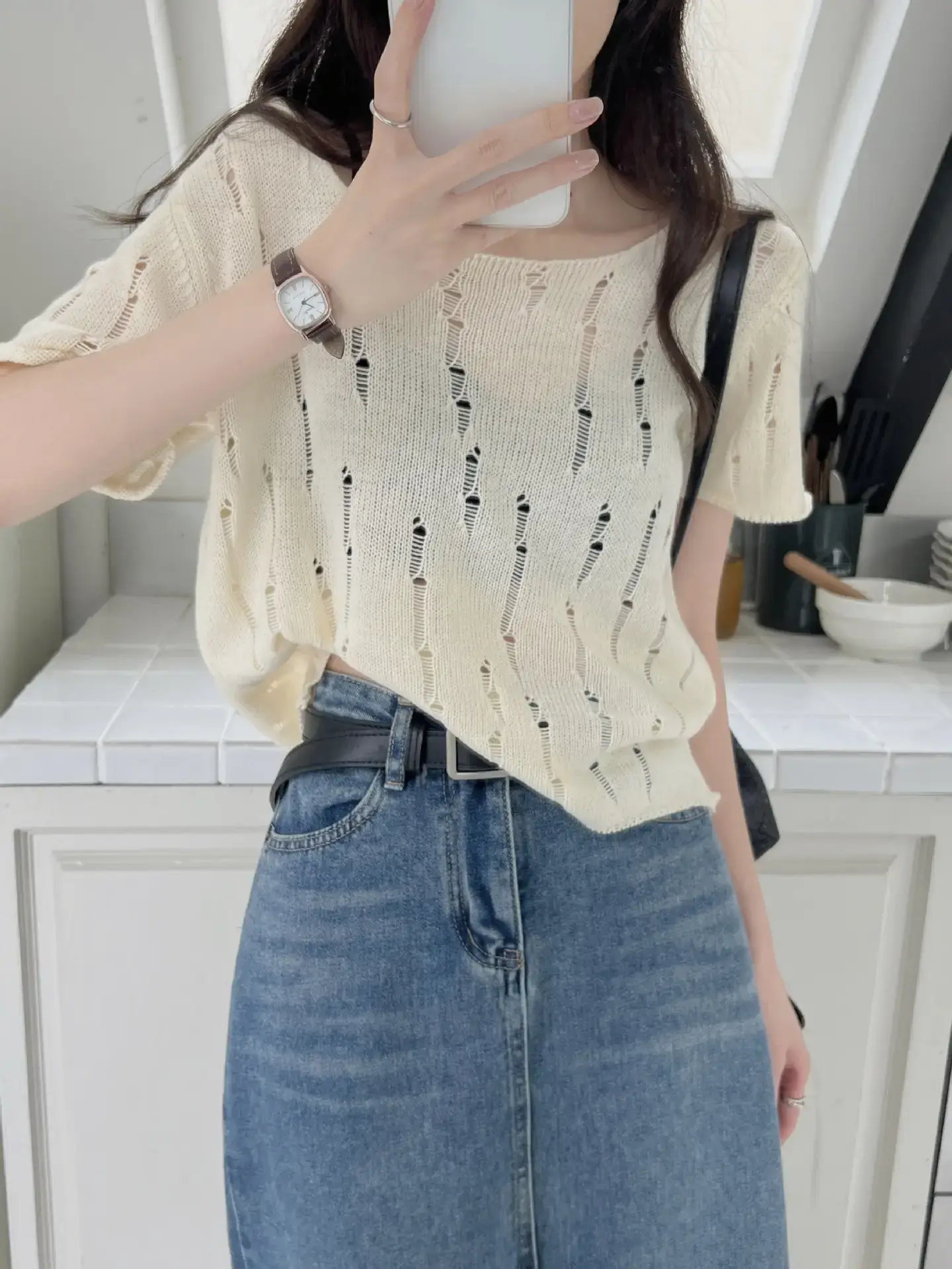Women 2025 Summer Hollow Out Knitted T-Shirt Short Sleeve — feature 7