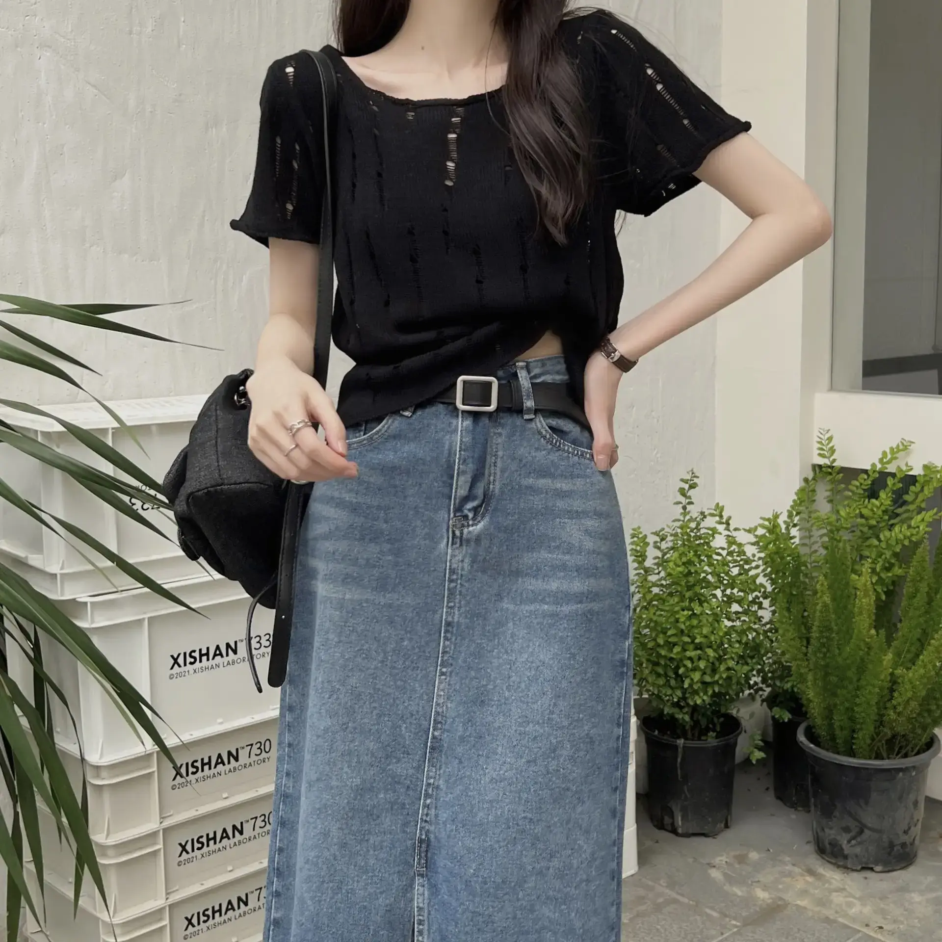 Women 2025 Summer Hollow Out Knitted T-Shirt Short Sleeve - Image 2