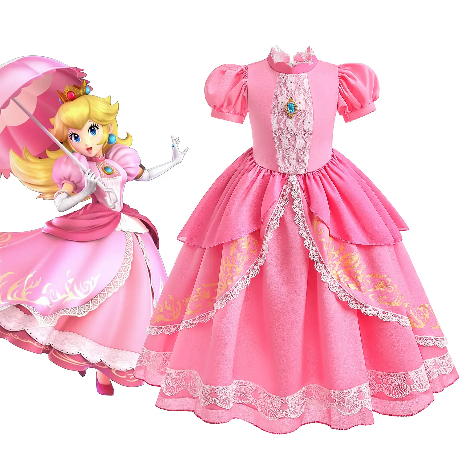 Pink Princess Dress for Girls with Lace Trim - Image 3