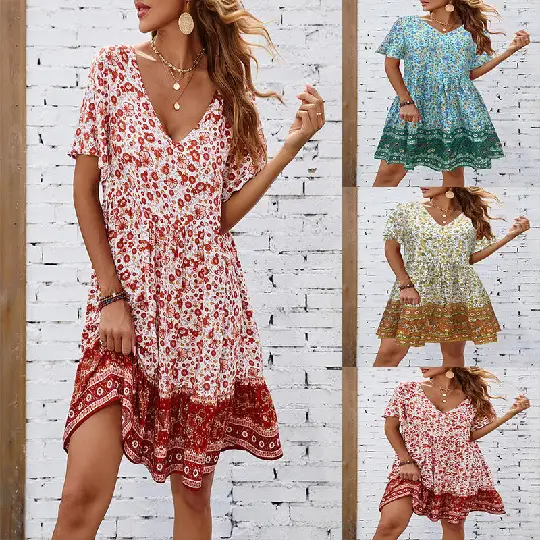 Women Printed V-Neck Dress Floral Brown Patterned - Image 3