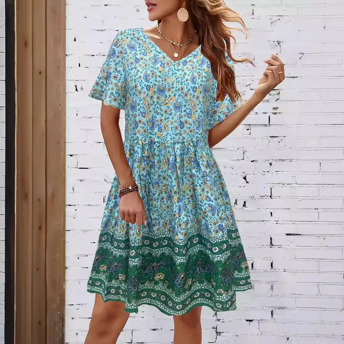 Women Printed V-Neck Dress Floral Brown Patterned - Image 4